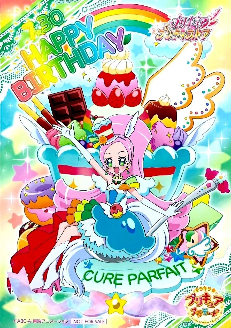 1girl animal_ears arm_up artist_request bare_shoulders berry boots choker cure_parfait dress earrings elbow_gloves food food-themed_hair_ornament fruit gloves hair_ornament happy_birthday headband highres horse_ears jewelry kirahoshi_ciel kirakira_precure_a_la_mode kiwi_(fruit) leaf lemon long_hair mixed-language_text multicolored_eyes official_art orange_(fruit) outstretched_arm parfait pearl_choker pearl_earrings pink_hair ponytail precure solo strapless strapless_dress tail third-party_source translation_request white_boots white_gloves white_tail white_wings wings