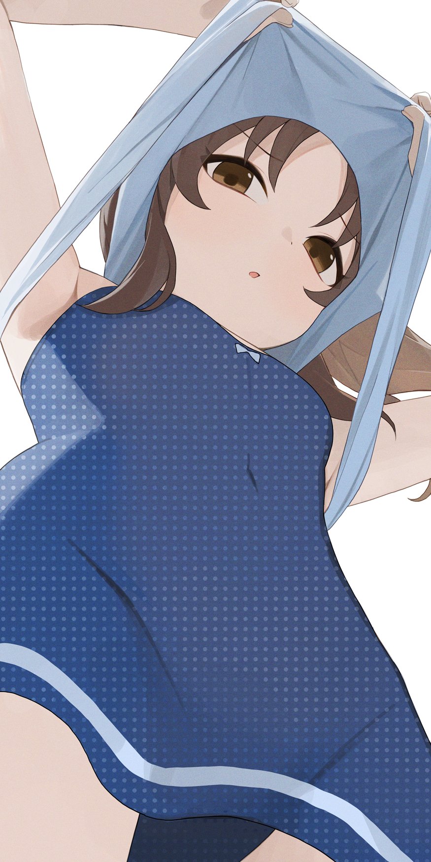 1girl blue_one-piece_swimsuit breasts brown_eyes brown_hair from_below highres hiroki_(yyqw7151) idolmaster idolmaster_cinderella_girls lifting_own_clothes long_hair looking_at_viewer one-piece_swimsuit simple_background small_breasts solo swimsuit tachibana_arisu upshirt white_background