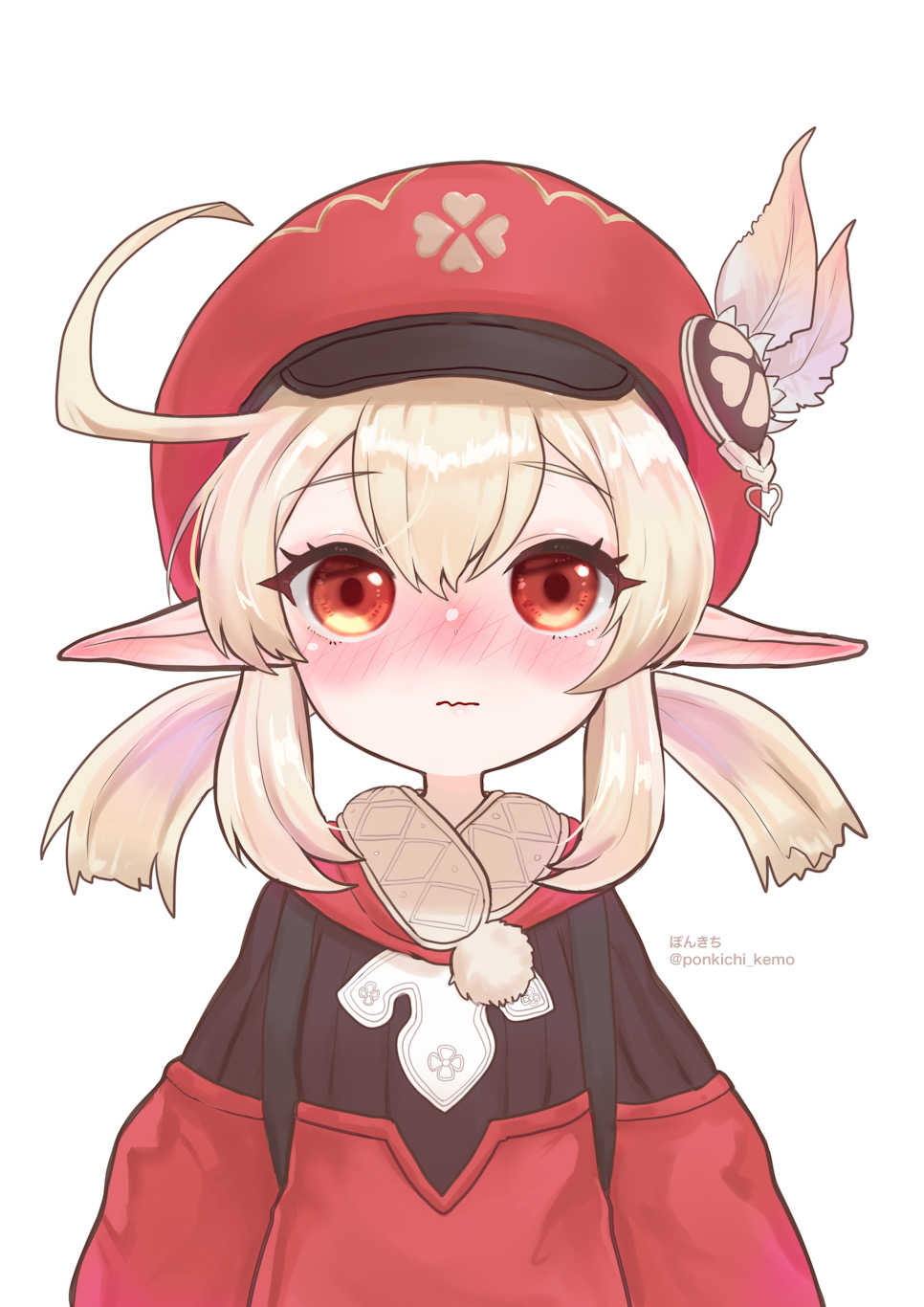 1girl ahoge artist_name blush brown_scarf newsboy_cap clover_print coat commentary_request genshin_impact hair_between_eyes hat highres klee_(genshin_impact) light_brown_hair long_hair looking_at_viewer low_twintails orange_eyes pointy_ears pokichi_(ponkichi_kemo) red_coat red_hat scarf sidelocks simple_background solo twintails twitter_username wavy_mouth white_background