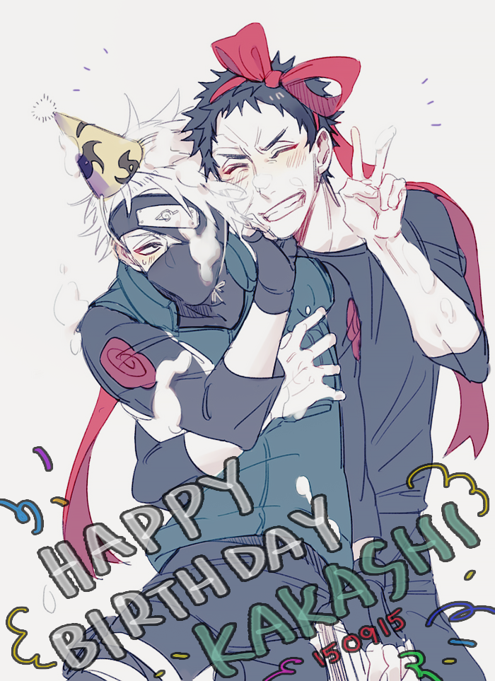 2boys blush closed_eyes couple food food_on_face grin happy_birthday hat hatake_kakashi looking_at_another male_focus mask mouth_mask multiple_boys naruto_(series) naruto_shippuuden party_hat short_hair smile spiked_hair uchiha_obito v vest vosovic yaoi