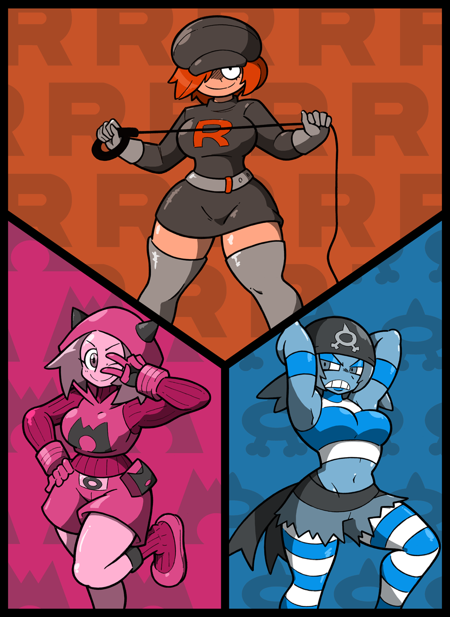 00s 1990s_(style) 3girls bandana blouse breasts hat highres hood multiple_girls nintendo npc_trainer pantyhose pokemon pokemon_rgby pokemon_rse red_hair retro_artstyle shenanimation shirt simple_background skirt striped_clothes striped_pantyhose striped_shirt team_aqua team_aqua_grunt team_aqua_grunt_(female) team_magma team_magma_grunt team_magma_grunt_(female) team_magma_grunt_(remake) team_rocket team_rocket_grunt team_rocket_grunt_(female) team_rocket_uniform thighhighs whip
