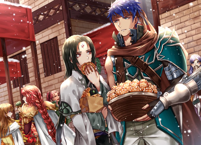 armor bad_id bad_twitter_id black_hair blue_eyes blue_hair braid brother_and_sister brown_hair cape dress facial_mark fire_emblem fire_emblem:_path_of_radiance fire_emblem:_radiant_dawn food gloves green_eyes headband ike_(fire_emblem) ike_(vanguard_legend)_(fire_emblem) ilyana_(fire_emblem) long_hair male_focus mist_(fire_emblem) mist_(radiant_dawn)_(fire_emblem) multiple_boys nintendo red_eyes red_hair short_hair siblings smile soren_(fire_emblem) soren_(radiant_confidant)_(fire_emblem) titania_(fire_emblem) wani_(fadgrith)