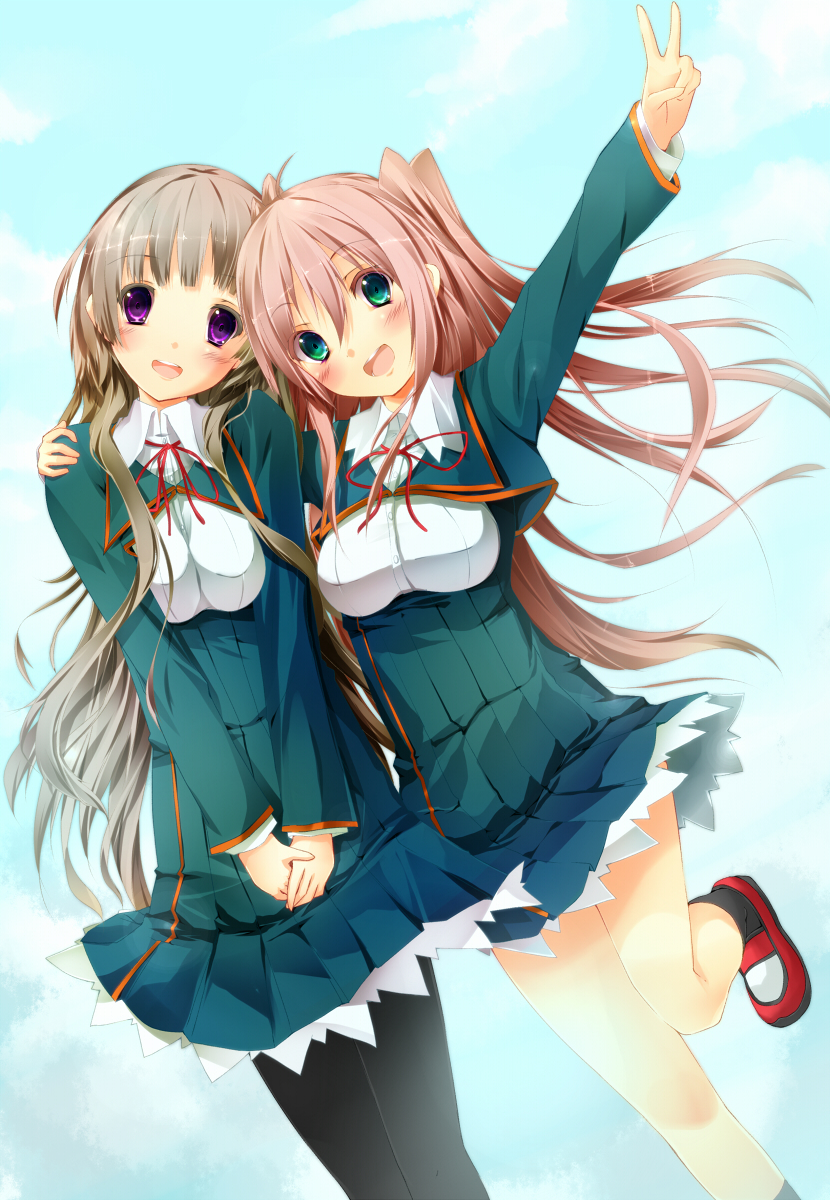 10s 2girls bad_id bad_pixiv_id framed_breasts highres kiba_mifuyu koi_to_senkyo_to_chocolate long_hair multiple_girls nironiro pantyhose school_uniform sumiyoshi_chisato twintails