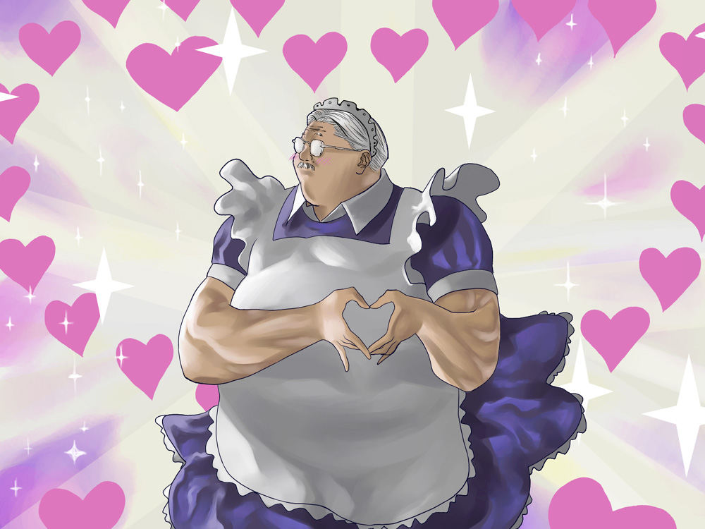 1boy anzai_mitsuyoshi apron blush colonel_sanders crossdressing facial_hair fat fat_man glasses heart izayoi_sakuya kfc maid maid_apron male_focus moe_moe_kyun! mustache parody slam_dunk_(series) solo touhou what white_hair