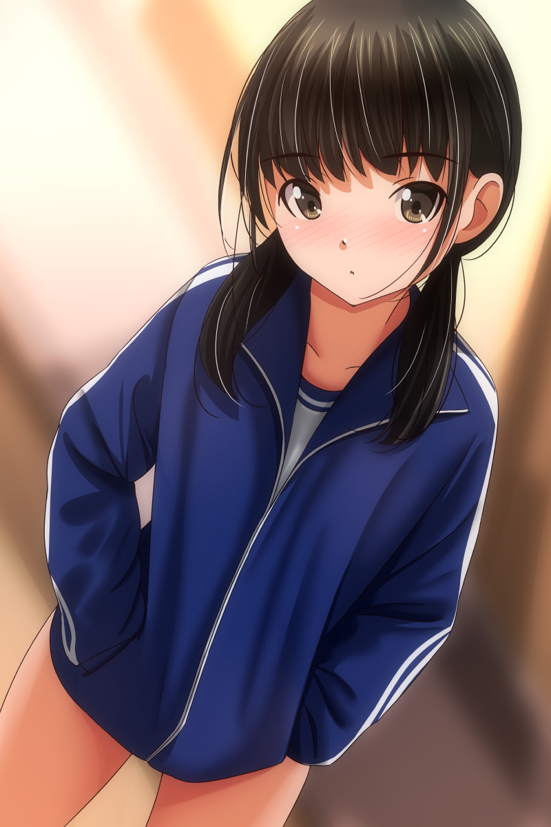 1girl black_hair blue_jacket blush brown_eyes collarbone gym_uniform hands_in_pockets jacket long_hair long_sleeves looking_at_viewer matsunaga_kouyou open_mouth original shirt standing track_jacket twintails white_shirt