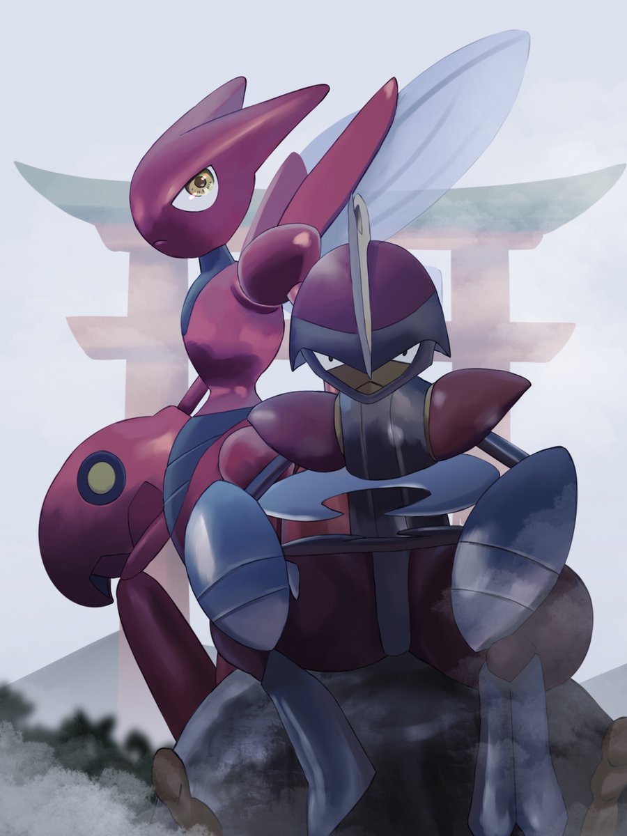 bisharp bug claws colored_skin gen_2_pokemon gen_5_pokemon highres insect_wings nintendo pokemon pokemon_(creature) red_skin redamber334 scizor sitting standing torii wings yellow_eyes