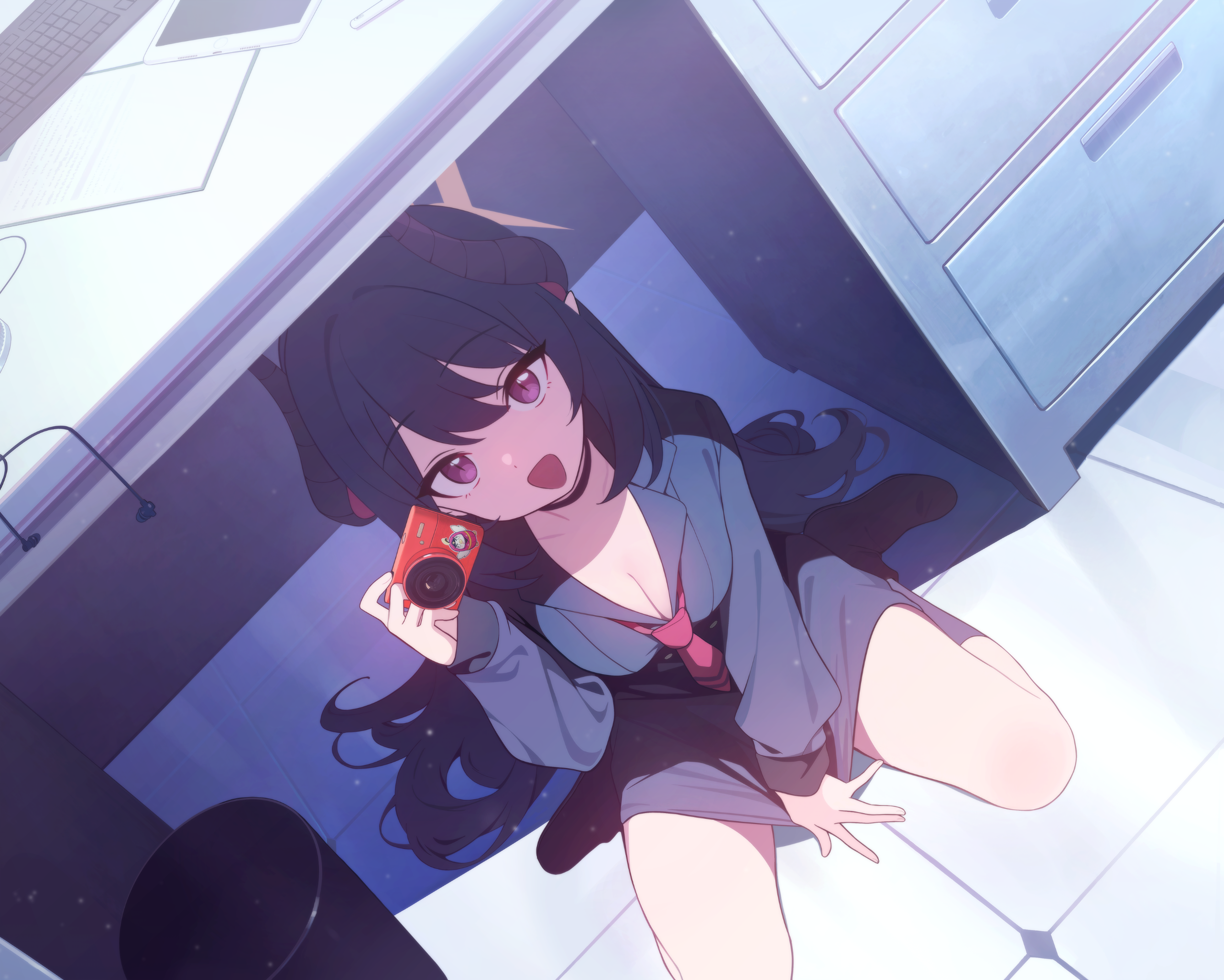 1girl black_boots black_choker black_hair black_horns black_serafuku black_skirt blue_archive boots breasts cabinet camera chiaki_(blue_archive) choker cleavage collarbone computer_keyboard curved_horns demon_girl demon_horns desk digital_camera dutch_angle dydldidl file_cabinet full_body game_cg hair_between_eyes halo headphones highres holding holding_camera horns indoors kneehighs long_hair looking_at_viewer medium_breasts multicolored_horns multiple_horns necktie office official_art on_floor open_mouth pencil_skirt pointy_ears pulling_own_clothes purple_eyes red_necktie school_uniform serafuku sitting skirt slit_pupils socks solo thighs tile_floor tiles trash_can two-tone_horns under_table very_long_hair wariza yellow_halo