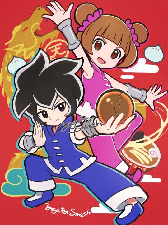 1boy 1girl cicada_(warioware) double_bun hair_bun nintendo open_mouth pants shirt shoe_soles shoes sleeveless sleeveless_shirt v-shaped_eyebrows warioware yogaforsmash young_cricket