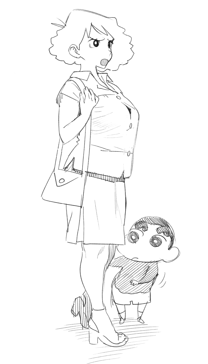 1boy 1girl bag breasts bright_pupils collared_shirt conto crayon_shin-chan dress_shirt furrowed_brow greyscale handbag high_heels highres monochrome mother_and_son nohara_misae nohara_shinnosuke open_mouth retro_artstyle shirt short_hair short_sleeves simple_background sketch skirt