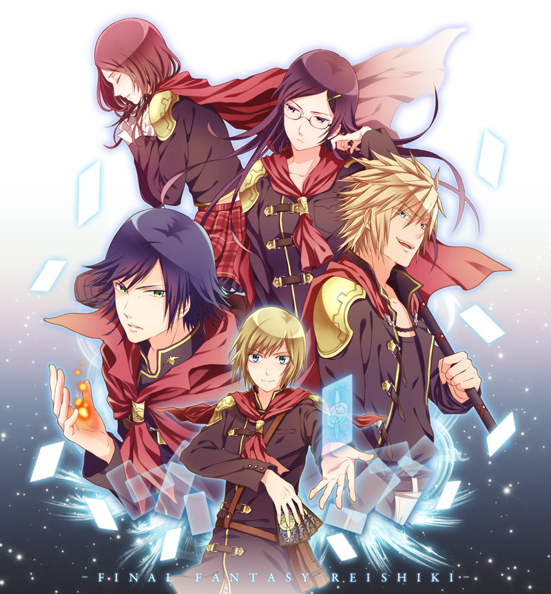 2girls 3boys ace_(fft-0) akademeia_uniform bad_id bad_pixiv_id black_hair blonde_hair blue_eyes brown_hair cape card closed_eyes final_fantasy final_fantasy_type-0 glasses green_eyes hair_ornament hairclip jacket kunagiri_machina laughing long_hair long_sleeves looking_at_viewer military military_uniform multiple_boys multiple_girls nine_(fft-0) open_mouth plaid_clothes plaid_skirt queen_(fft-0) reishiki scarf school_uniform short_hair skirt smile teeth tokimiya_rem