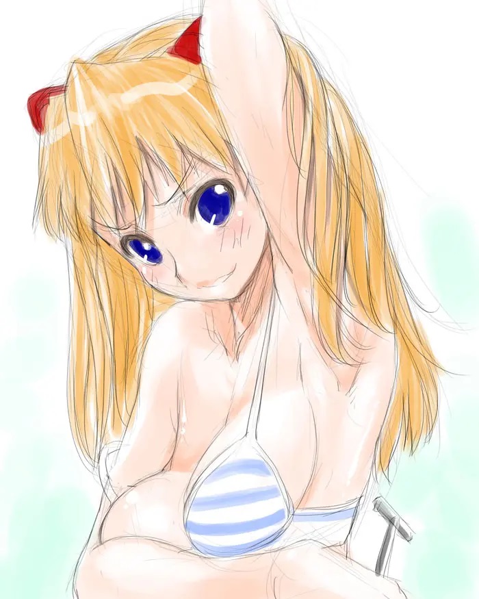 1girl armpits arms_up blue_eyes bra breast_press evangelion:_2.0_you_can_(not)_advance lips long_hair neon_genesis_evangelion orange_hair rebuild_of_evangelion shinama smile solo souryuu_asuka_langley striped_bra striped_clothes underwear