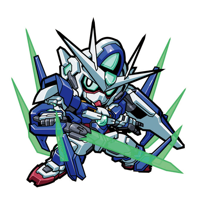 00_qan[t] bit_(gundam) black_eyes chibi colored_sclera commentary full_body gn_drive green_sclera gundam gundam_00 gundam_00_a_wakening_of_the_trailblazer holding holding_sword holding_weapon looking_at_viewer mecha multiple_swords no_humans robot sd_gundam shield solo sword v-fin weapon white_background yabe_makoto