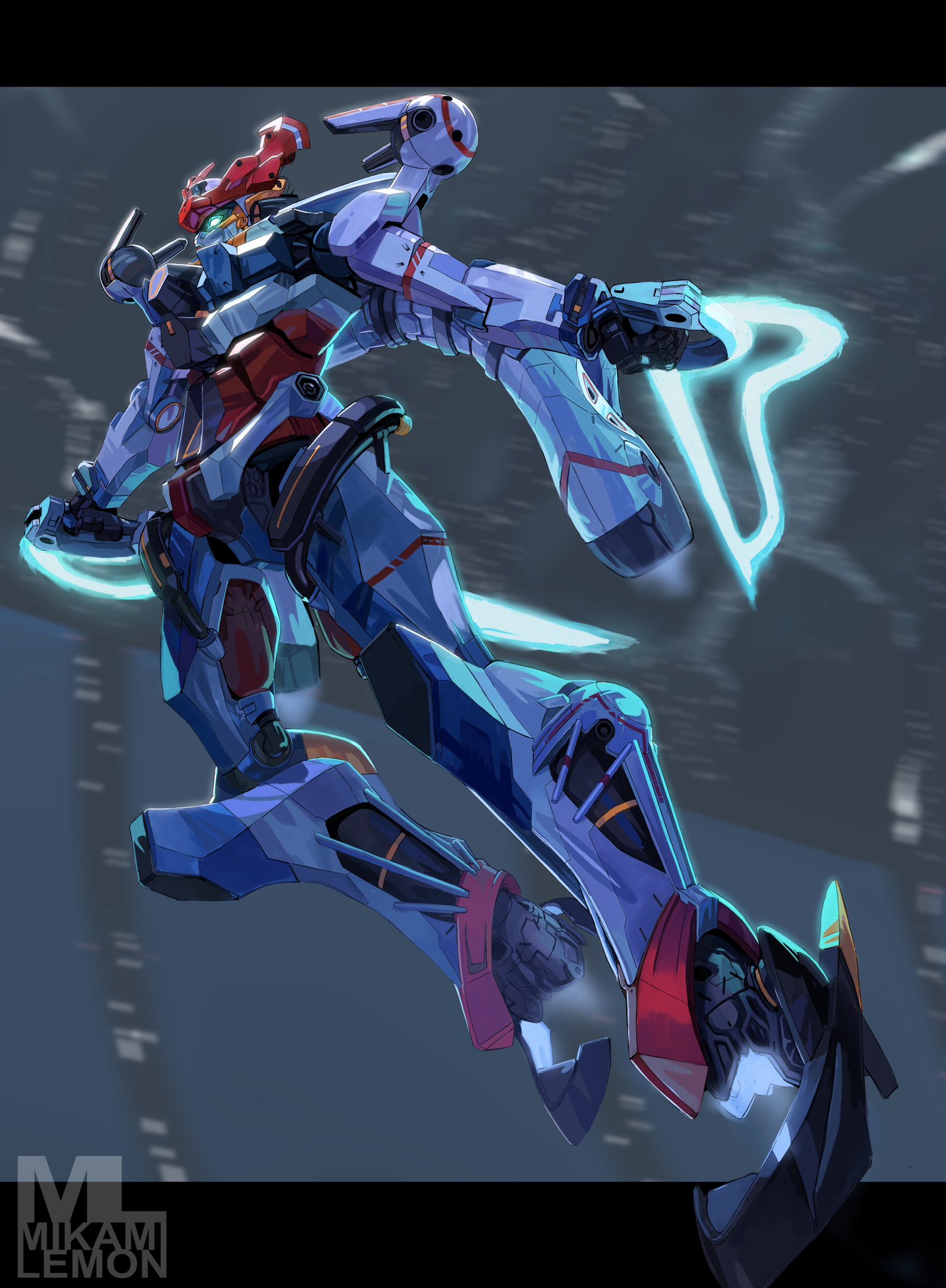 dual_wielding full_body glowing glowing_eyes gquuuuuux green_eyes gundam gundam_gquuuuuux highres holding holding_sword holding_weapon mecha mecha_focus mikan_lemon mobile_suit no_humans robot science_fiction solo sword v-fin weapon