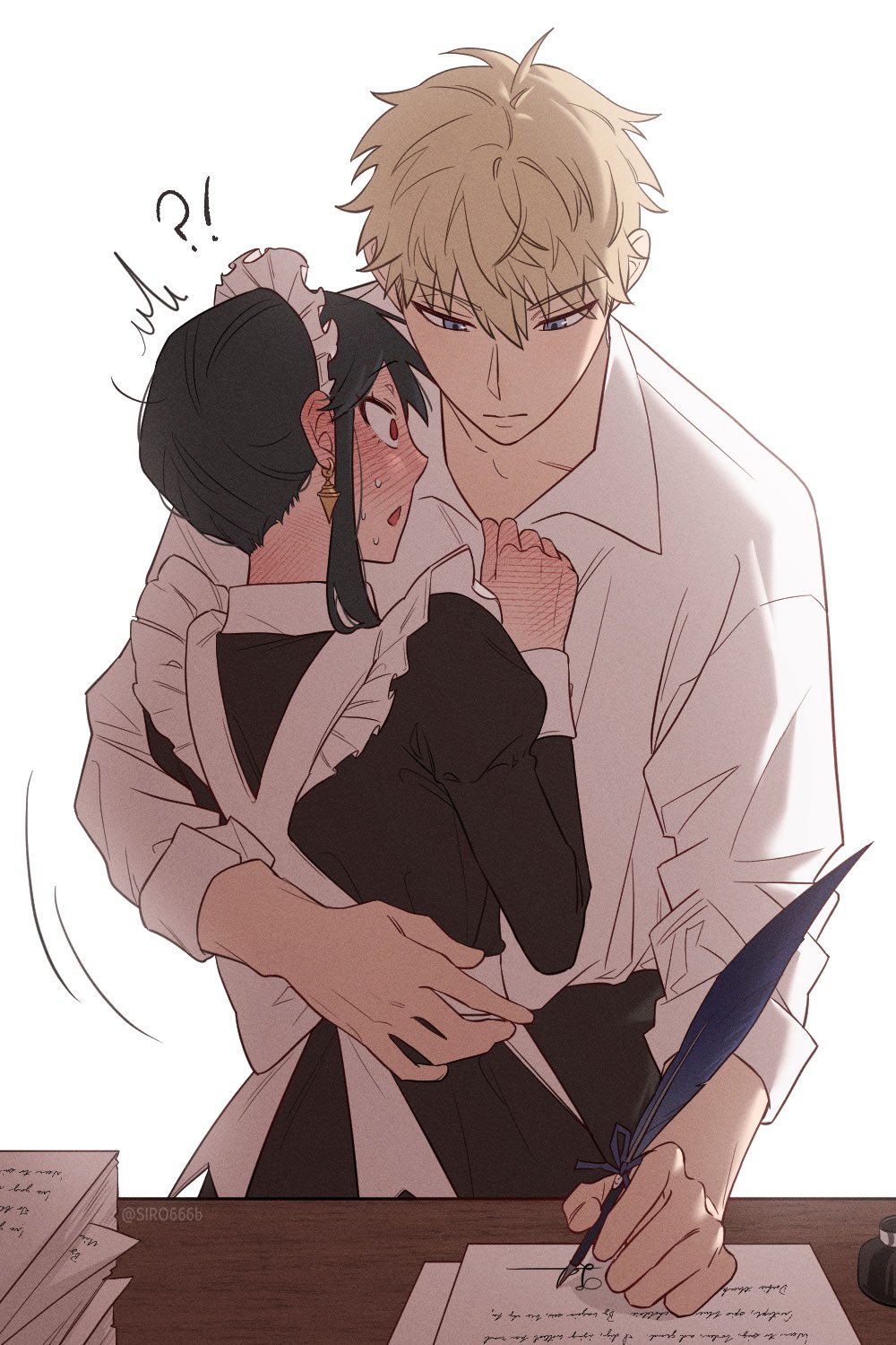 !? 1boy 1girl apron arm_around_waist artist_name black_dress black_hair black_pants blonde_hair blue_eyes blush closed_mouth collared_shirt commentary_request dress earrings frilled_apron frilled_hairband frills full-face_blush hair_between_eyes hairband hand_blush hetero highres holding holding_quill jewelry long_hair long_sleeves looking_at_another looking_at_object maid maid_apron maid_headdress open_mouth pants quill red_eyes shirt shirt_tucked_in short_hair short_sleeves siro666b spy_x_family sweat twilight_(spy_x_family) white_apron white_background white_hairband white_shirt yor_briar