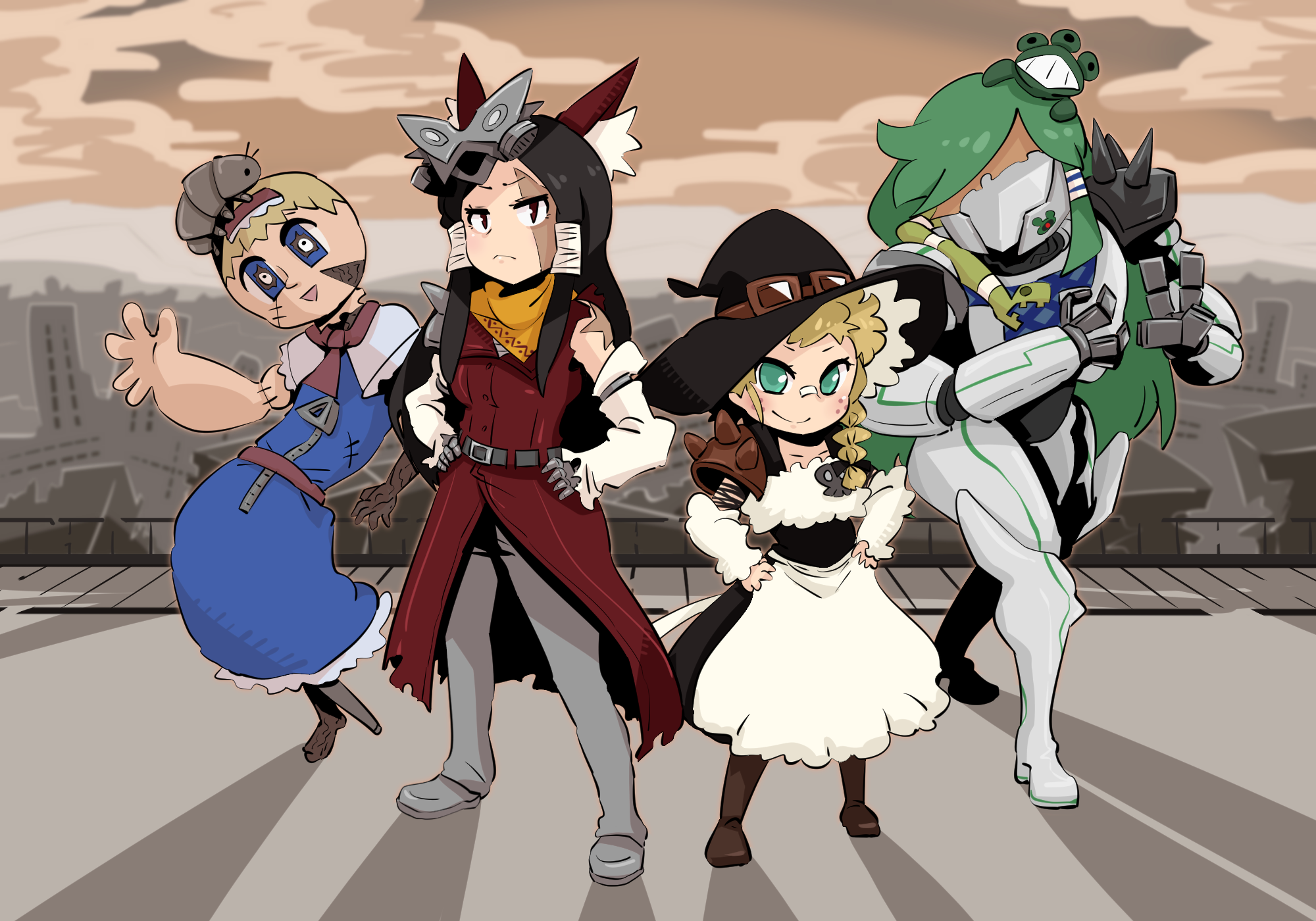 4girls alice_margatroid android apron armor bandaid bandaid_on_face bandaid_on_nose big_roach_(cookie) black_dress black_hair black_headwear blonde_hair blue_dress boots bow braid brown_footwear brown_sky bug closed_mouth coat cockroach commentary_request cookie_(touhou) creature_on_head detached_sleeves dress faceless faceless_female fallout full_body ghoul_(fallout) goggles goggles_on_headwear gram_9 green_eyes green_hair grey_pants hair_bow hakurei_reimu hat highres insect kirisame_marisa kochiya_sanae lemi_(cookie) long_hair looking_at_viewer mask mask_on_head multiple_girls neckerchief open_mouth outdoors pants pauldrons post-apocalypse red_bow red_coat red_eyes red_neckerchief red_sash robot ruins sash scarf shoes short_hair shoulder_armor side_braid single_braid sleeveless sleeveless_coat smile socha_(cookie) spiked_pauldrons standing touhou waist_apron white_apron white_sleeves witch_hat yellow_scarf yuki_haruka zakuro_ishi zipper