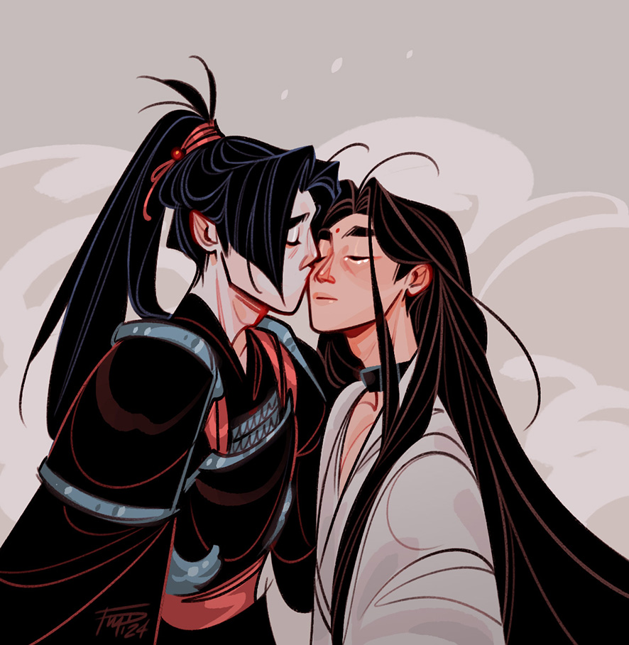 2boys armor beads belt black_hair black_hanfu breastplate chinese_armor chinese_clothes closed_eyes closed_mouth cloud commentary cursed_shackle facial_mark fmd forehead_mark grey_background hair_down hair_ribbon hanfu hashtag-only_commentary high_ponytail hua_cheng kiss kissing_cheek long_hair male_focus multiple_boys official_alternate_costume parted_bangs ponytail red_belt red_ribbon ribbon shoulder_armor signature tearing_up tianguan_cifu upper_body very_long_hair white_hanfu wide_sleeves xie_lian yaoi