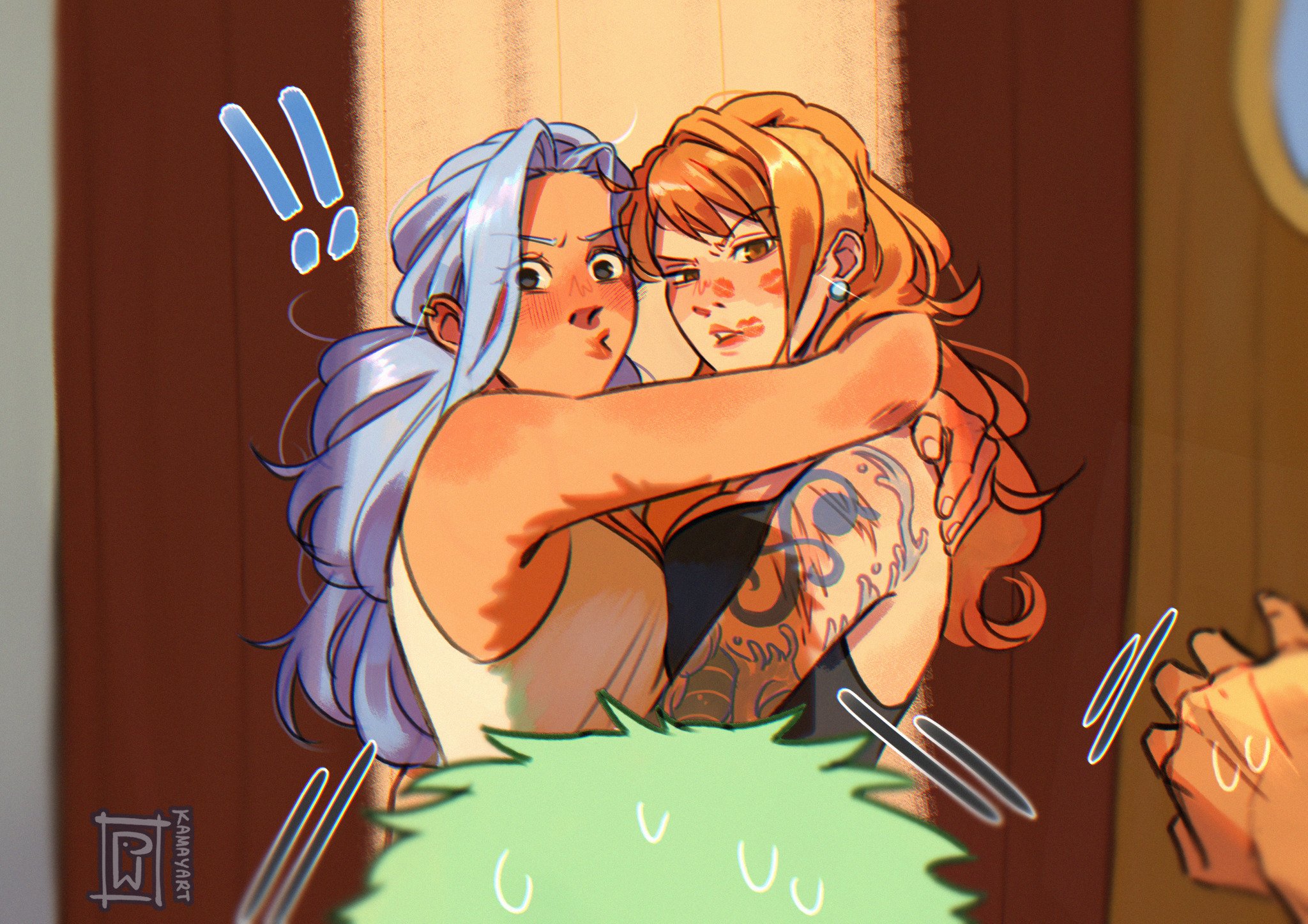! !! 1boy 2girls arm_tattoo blue_hair green_hair highres jacket_mine lipstick_mark lipstick_mark_on_face long_hair multiple_girls nami_(one_piece) nefertari_vivi one_piece orange_hair raised_eyebrow roronoa_zoro sweat tattoo yuri