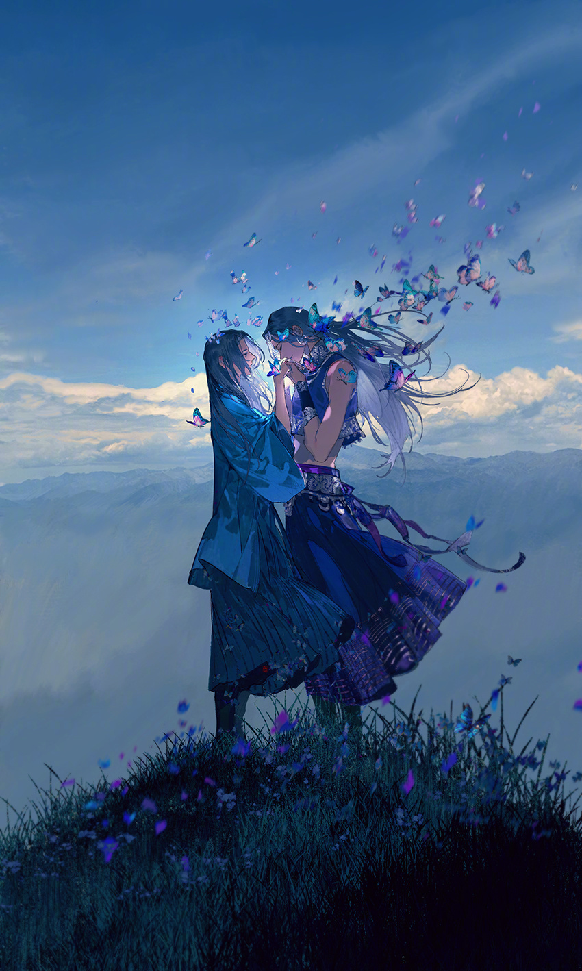 aqua_hanfu blue_sky chinese_clothes chinese_commentary cloud cloudy_sky couple crop_top daxiushan flower full_body gender_request gradient_hair hanfu highres holding_hands ibuki_satsuki long_hair long_skirt looking_at_another miao_clothes mountainous_horizon multicolored_hair original outdoors purple_flower purple_skirt skirt sky striped_clothes striped_skirt vertical-striped_clothes vertical-striped_skirt
