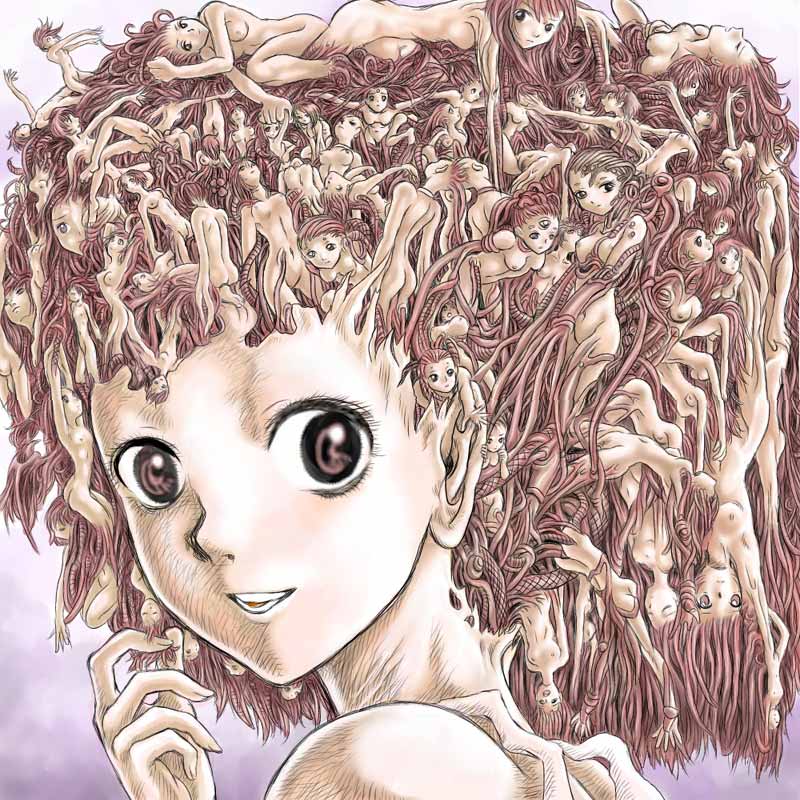 1girl castlevania_(series) creepy female_focus horror_(theme) legion legion_(castlevania) looking_back mitsurou monster_girl nipples nude open_mouth original recursion smile solo tentacles upper_body what