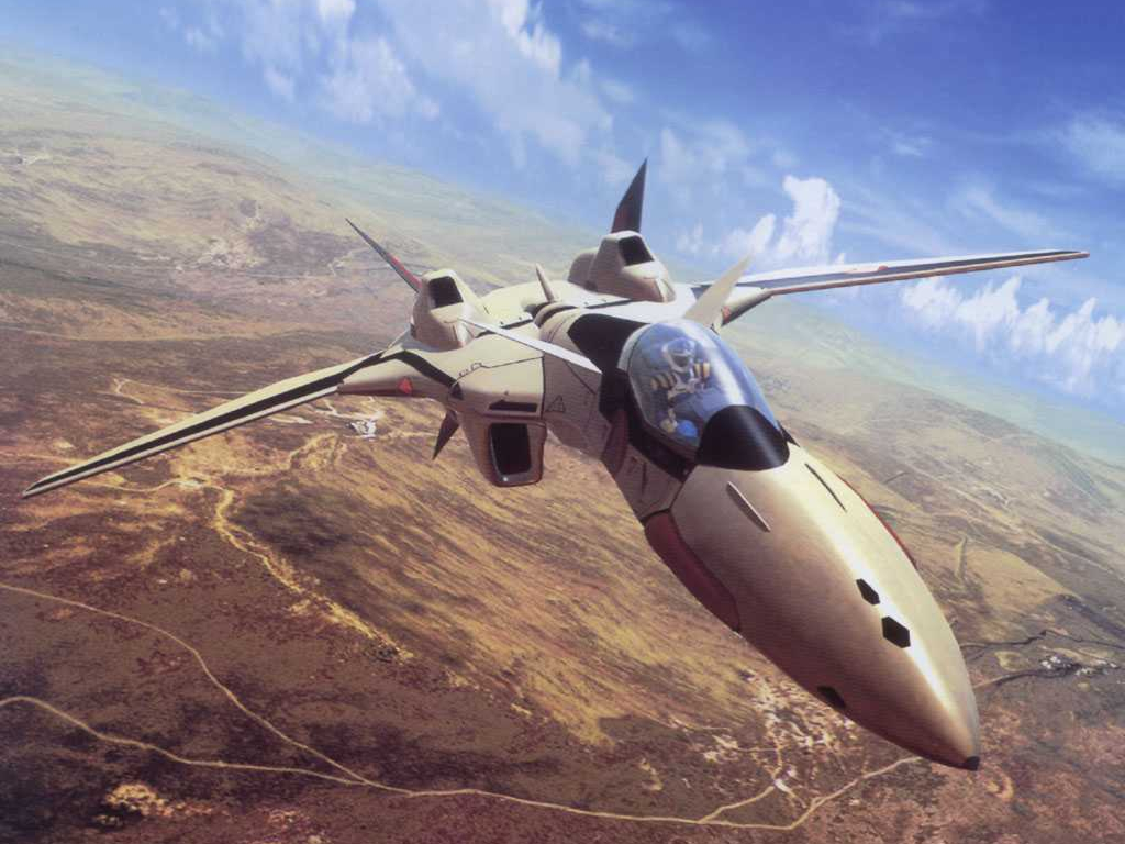 1990s_(style) 1boy aircraft airplane canards cloud day desert foreshortening horizon isamu_dyson jet macross macross_plus mecha pilot_suit realistic retro_artstyle robot sky spacesuit vehicle_focus yf-19