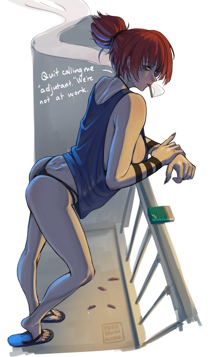 1girl artist_name ass black_panties blue_tank_top breasts cigarette cigarette_butt cigarette_pack commentary english_commentary english_text flip-flops full_body girls&#039;_frontline girls&#039;_frontline_2:_exilium green_eyes highres lentine_(girls&#039;_frontline_2) looking_at_viewer mole mole_under_eye panties puto_trash railing red_hair sandals short_hair sideboob smoking solo string_panties tank_top underwear