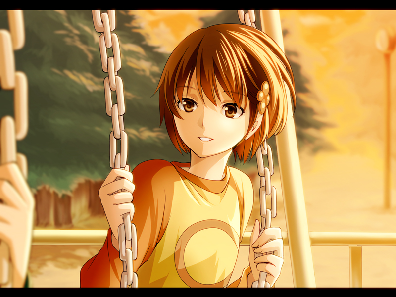 1girl bad_id bad_pixiv_id black_border border brown_eyes brown_hair chain chie_(lcddem) circle flower framed hair_ornament hairclip lcddem letterboxed looking_at_another olmatown on_swing short_hair sidelocks smile swing teeth tree