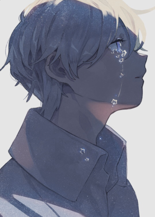 1boy aky_ami alternate_body_fluid blue_eyes collared_shirt commentary crying eyelashes glowing_tears looking_away male_focus original portrait profile shirt silver_hair simple_background solo star_(symbol) star_tears streaming_tears symbol-only_commentary tears white_background