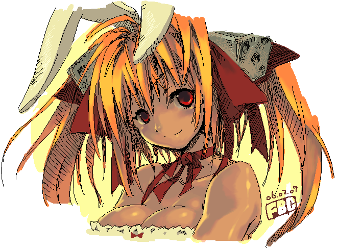 1girl 2006 animal_ears artist_name bare_shoulders bow breasts choker cleavage closed_mouth collarbone commentary_request dated di_gi_charat dice_hair_ornament fbc hair_between_eyes hair_bow hair_ornament jaggy_lines long_hair medium_breasts orange_hair rabbit_ears red_bow red_choker red_eyes smile solo split_mouth twintails upper_body usada_hikaru