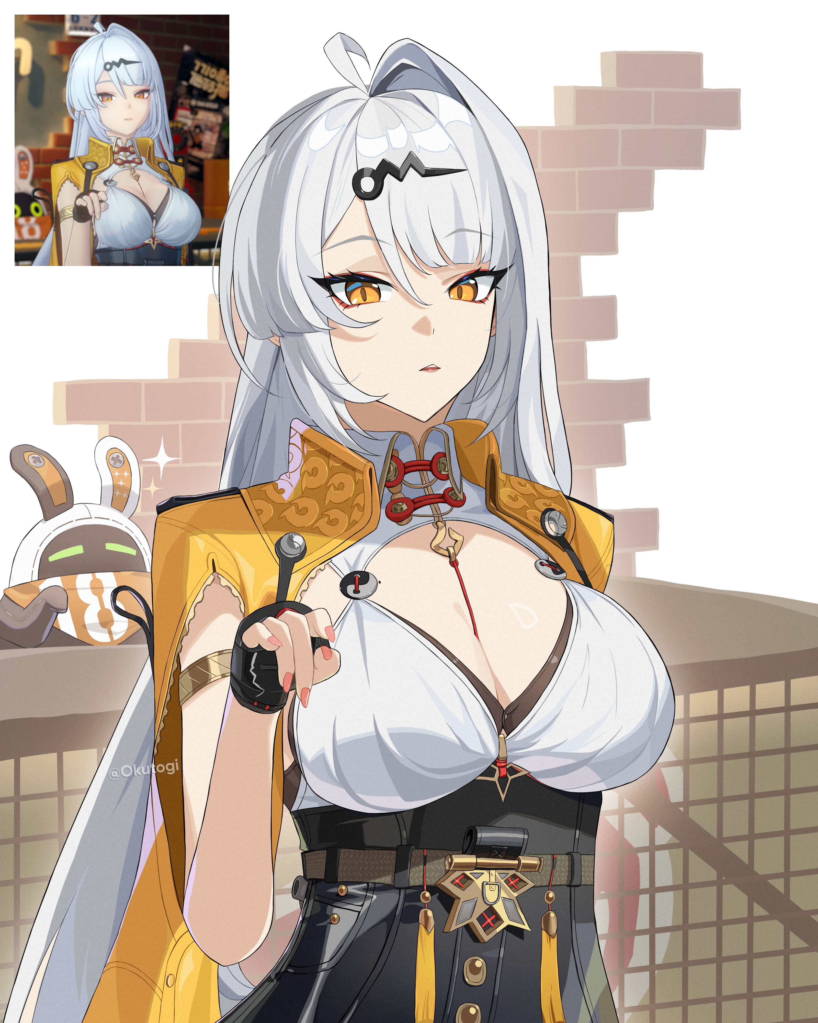 1girl absurdres armlet bangboo_(zenless_zone_zero) black_gloves breasts cleavage eous_(zenless_zone_zero) gloves hair_ornament hairclip highres jewelry large_breasts long_hair looking_at_viewer multiple_views nail_polish okutogi orange_eyes parted_lips pink_nails upper_body very_long_hair white_hair yi_xuan_(zenless_zone_zero) zenless_zone_zero
