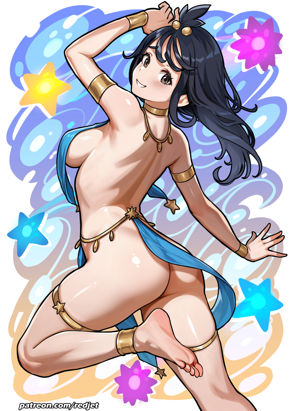1girl ancient_egyptian_clothes armlet ass back bare_back black_hair breasts brown_eyes commentary english_commentary from_behind harem_outfit highres jewelry lida_(pokemon) long_hair looking_at_viewer medium_breasts nintendo pokemon pokemon_legends:_z-a redjet soles solo standing standing_on_one_leg toes