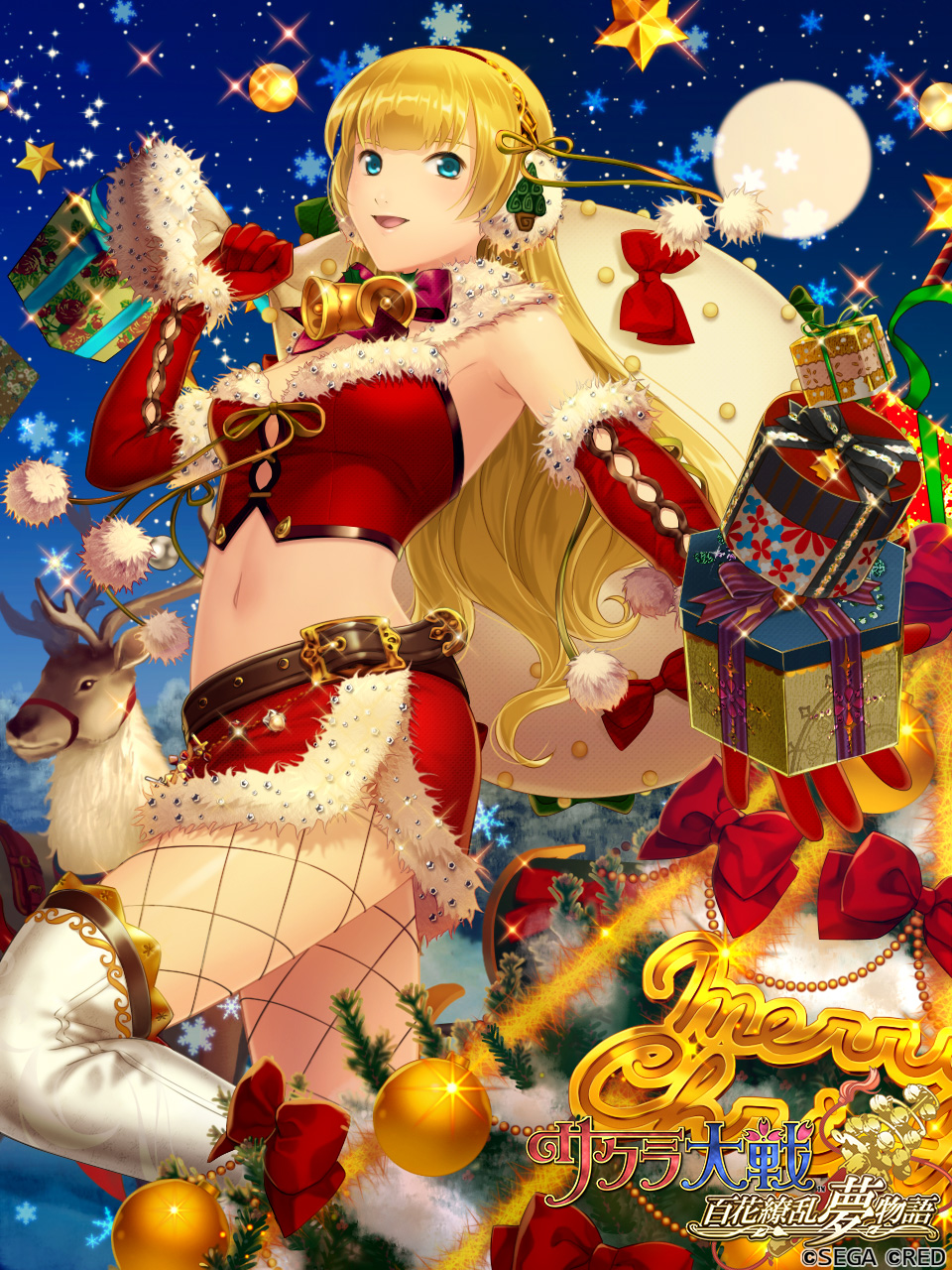 1girl alternate_costume animal_ears antlers bare_shoulders beads bell belt blonde_eyebrows blonde_hair blue_eyes blue_sky blunt_ends boots bow box brown_belt bustier_ribbon christmas christmas_ornaments christmas_tree christmas_tree_hair_ornament closed_mouth commentary copyright_name copyright_notice deer_ears detached_collar earmuffs english_text fishnets floating floating_object floral_print full_moon fuzzy_collar game_cg gift gift_box gold_buckle gold_buttons gold_hairband gold_ribbon green_ribbon hair_ornament hairband highres holding holding_gift holding_sack horns leg_up logo long_hair looking_at_viewer merry_christmas midriff midriff_peek miniskirt moon navel neck_ribbon night night_sky official_art open_clothes open_mouth ratchet_altair red_arm_warmers red_bow red_bustier red_ribbon red_skirt red_sleeves reindeer reindeer_antlers ribbon ribbon_pom_pom sack sack_bow saddle sakura_taisen sakura_taisen_v santa_costume sega side_slit sidelocks skirt sky smile snow snowflakes snowing solo_focus sparkle standing standing_on_one_leg star_ornament thigh_boots tree tree_ornament very_long_hair wavy_ends white_footwear white_pom_poms yuasa_tsugumi