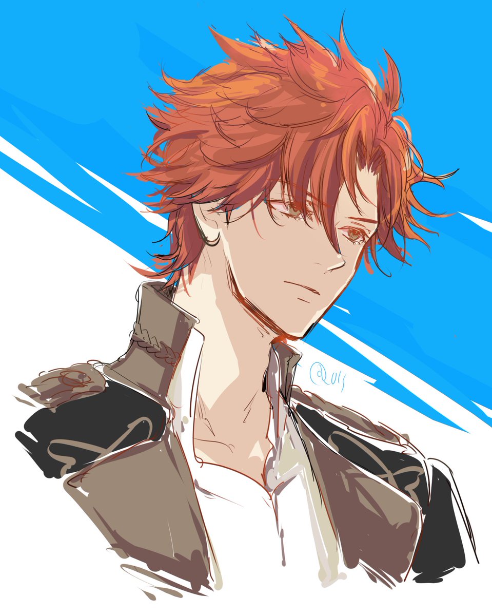 1boy closed_mouth collared_jacket collared_shirt fire_emblem fire_emblem:_three_houses garreg_mach_monastery_uniform hair_between_eyes high_collar highres jacket layered_clothes looking_ahead male_focus nintendo orange_eyes orange_hair shirt signature simple_background sketch solo sylvain_jose_gautier umi_(_oneinchswing) undershirt upper_body white_shirt