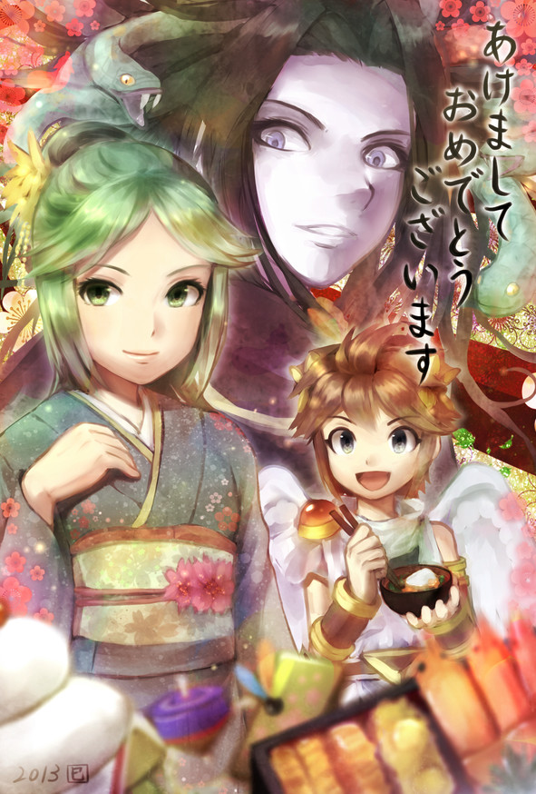 10s 1boy 2013 2girls angel_wings azumi_(tks-sd) black_hair blue_eyes brown_hair chopsticks green_eyes green_hair japanese_clothes kid_icarus kid_icarus_uprising kimono long_hair looking_at_viewer medusa_(kid_icarus) multiple_girls nintendo palutena pit_(kid_icarus) smile snake super_smash_bros. text_focus translation_request wings
