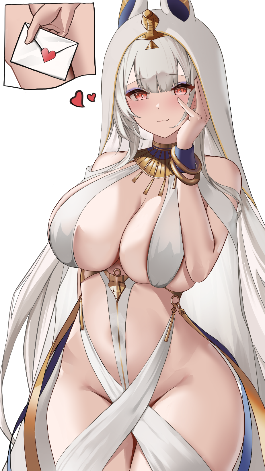 1girl ancient_egyptian_clothes azur_lane bracelet breasts covered_navel cowboy_shot heart highres holding holding_letter jewelry large_breasts letter looking_at_viewer official_alternate_costume pink_eyes revealing_clothes scylla_(a_maid&#039;s_judgment)_(azur_lane) scylla_(azur_lane) simple_background smile solo usekh_collar white_background white_hair wynnblue