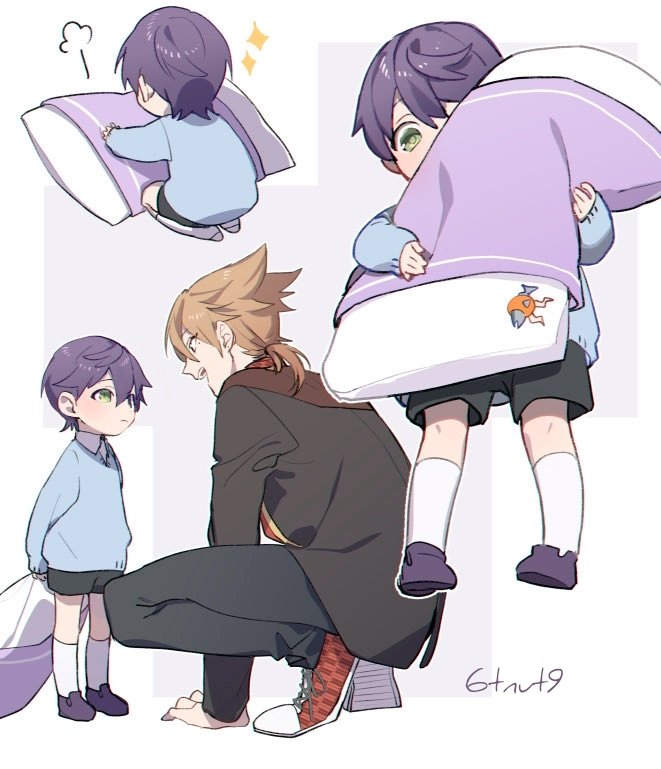 2boys 6tnut9 :d aged_down arm_support artist_name black_jacket black_pants black_shorts blue_shirt blush brown_hair child closed_mouth collared_shirt facing_away from_behind fushimi_gaku fushimi_gaku_(1st_costume) green_eyes hair_between_eyes holding holding_pillow jacket kenmochi_touya kneehighs long_sleeves looking_at_another low_ponytail male_focus medium_hair mole mole_under_eye multiple_boys multiple_views nijisanji open_mouth pants pillow ponytail purple_hair purple_shoes red_shoes seiza shirt shoes short_hair short_shorts shorts sitting smile smock sneakers socks sparkle squatting teeth upper_teeth_only virtual_youtuber white_background white_shirt white_shoes white_socks yagasuri