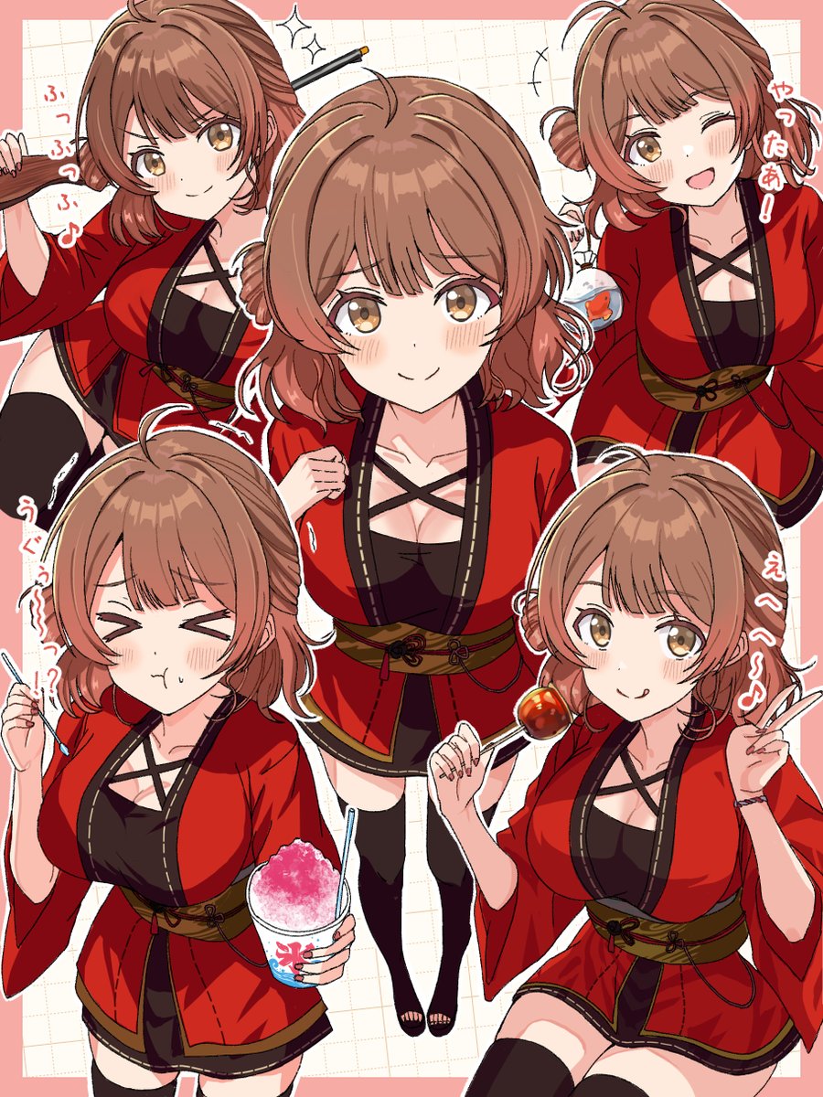 &gt;_&lt; 1girl :q ;d black_dress black_thighhighs blush border bracelet breasts brown_eyes brown_hair candy_apple cleavage closed_mouth collarbone commentary_request dress eating fish food gakuen_idolmaster goldfish grid_background hanami_ume happi highres hiyoko_neneko holding holding_toy_gun idolmaster japanese_clothes jewelry large_breasts looking_at_viewer medium_hair multiple_views one_eye_closed open_mouth outline outside_border pink_border red_happi shaved_ice smile split_mouth thighhighs tongue tongue_out v white_background white_outline