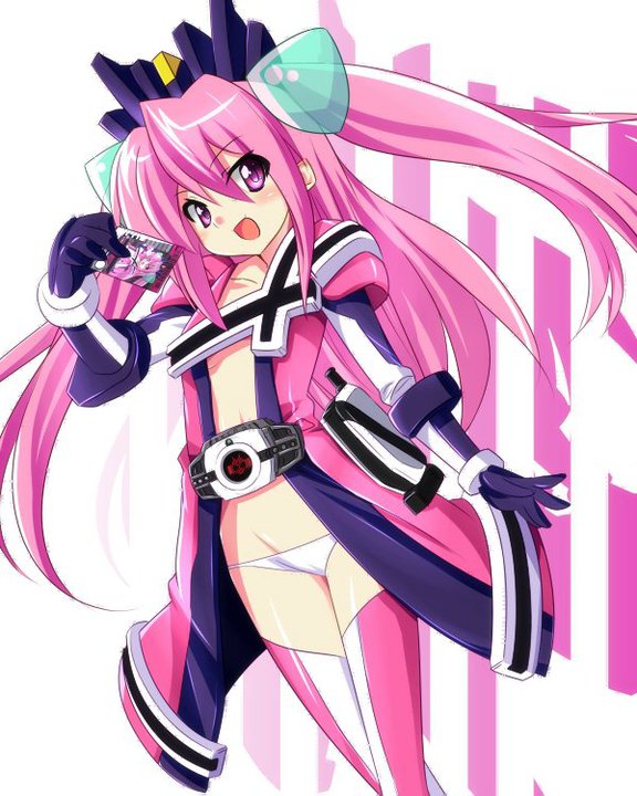 1girl armor belt black_gloves blush book breasts card collarbone decadriver gloves hair_ornament holding jacket kamen_ride_card kamen_rider kamen_rider_dcd kamen_rider_decade long_hair long_sleeves looking_at_viewer midriff navel open_mouth panties personification pink_eyes pink_hair pink_jacket pink_thighhighs ponytail ride_booker rider-tan small_breasts smile standing striped_clothes striped_thighhighs thighhighs underwear white_panties white_thighhighs