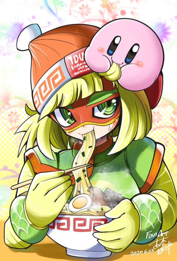 1girl arms_(game) beanie blonde_hair bowl bracelet chopsticks colored_extremities eating food furumoto_yuuya green_eyes hat jewelry kirby kirby_(series) min_min_(arms) nintendo noodles orange_hat ramen ringed_eyes short_hair sweatdrop