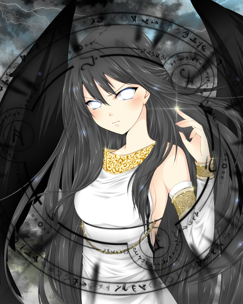 1girl angry bad_id bad_pixiv_id black_hair breasts detached_sleeves female_focus glowing glowing_eyes half_updo long_hair mabinogi magic_circle morrighan solo umxzo very_long_hair white_eyes wings