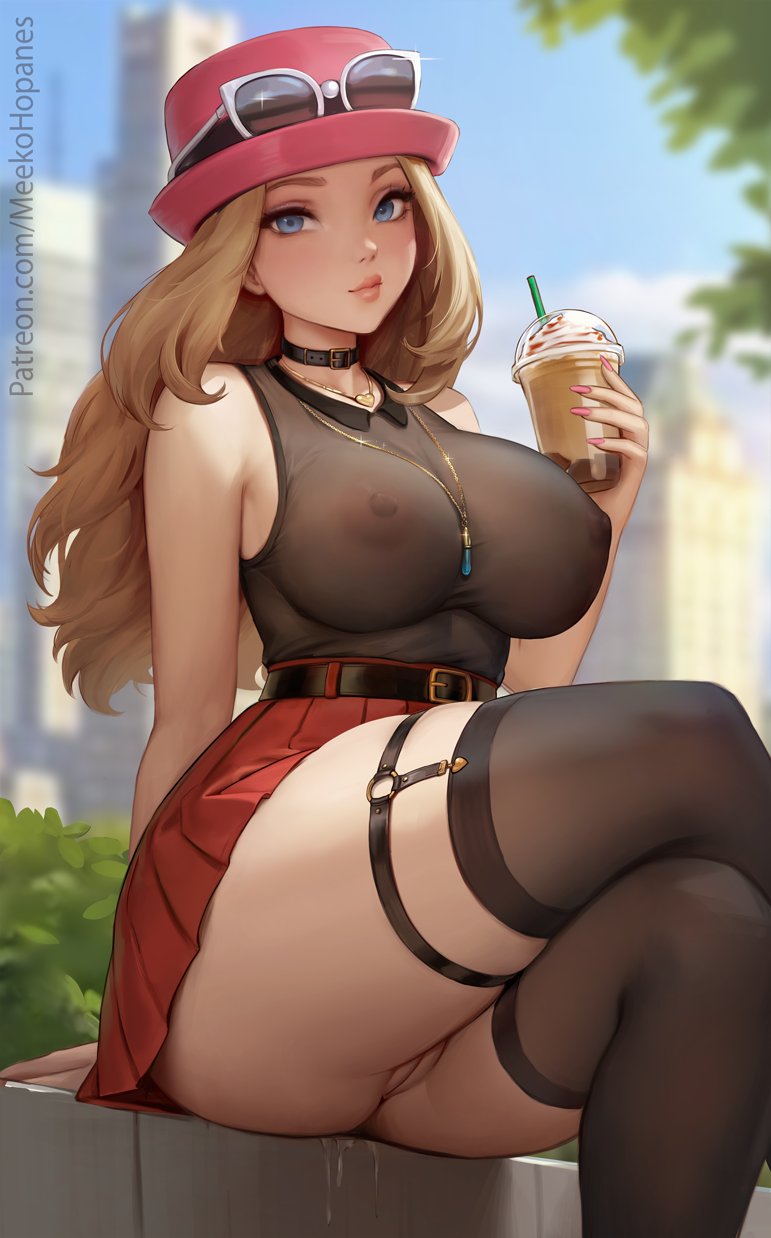1girl belt_collar black_collar black_shirt black_thighhighs blonde_hair blue_eyes blurry blurry_background breasts cleft_of_venus closed_mouth collar crossed_legs cup day disposable_cup earrings eyewear_on_headwear feet_out_of_frame hat heart heart_necklace highres holding holding_cup hoop_earrings jewelry large_breasts light_smile lips long_hair looking_at_viewer meekohopanes necklace nintendo nipples no_panties o-ring_legwear_garter outdoors patreon_username pink_hat pleated_skirt pokemon pokemon_xy porkpie_hat pussy pussy_juice red_skirt see-through_clothes see-through_shirt serena_(pokemon) shirt shirt_tucked_in sitting skirt sleeveless sleeveless_shirt solo thighhighs thighs uncensored watermark web_address white-framed_eyewear