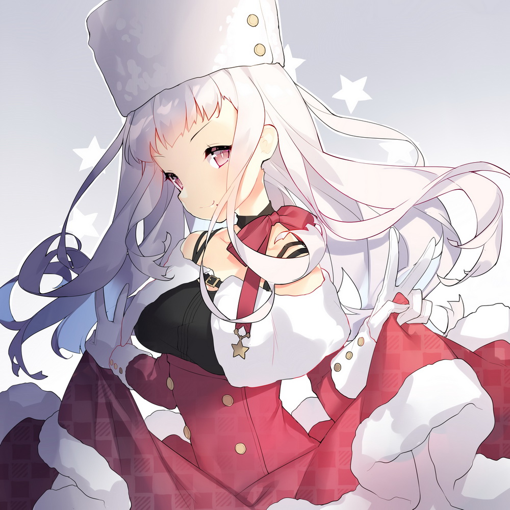 1girl bare_shoulders breasts brown_eyes cape character_request closed_mouth collarbone commentary_request double_v dress female_focus fur-trimmed_dress fur_hat fur_trim gloves gradient_background grey_background hat head_tilt long_hair long_sleeves looking_at_viewer medium_breasts mole mole_under_eye novgorod_(warship_girls_r) red_dress saru sidelocks silver_hair skirt_hold smile solo star_(symbol) v very_long_hair warship_girls_r white_background white_cape white_gloves white_hat
