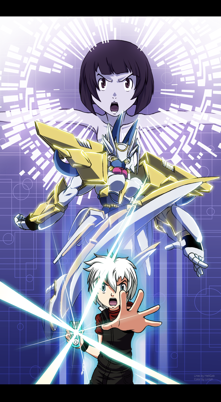 1boy 1girl ahoge alternate_form alternate_universe angry armor armored_gloves armpits artist_request biomerge black_hair bob_cut breasts character_request collarbone completely_nude convenient_censoring convenient_head determined dianamon digimon digimon_(creature) digimon_tamers energy epic expressionless facing_viewer female_focus fighting_stance flat_chest fusion highres looking_at_viewer mask matrix_evolution medium_breasts medium_hair mouth_mask neck nude open_mouth original outstretched_arms outstretched_hand purple_eyes purple_theme shoulder_armor shouting sidelocks spread_arms topless_frame unworn_clothes upper_body v-shaped_eyebrows white_hair yellow_eyes