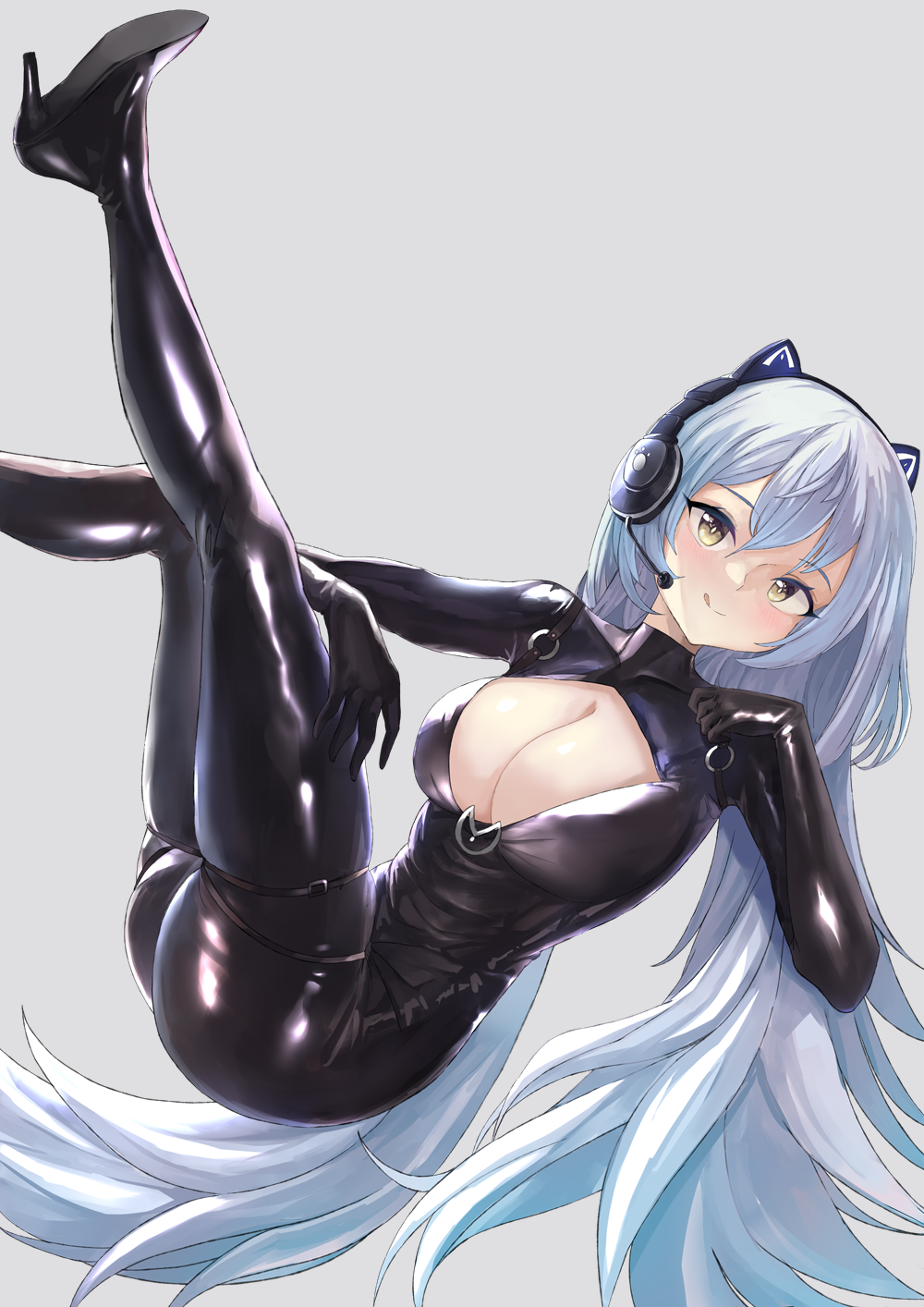 1girl animal_ear_headphones animal_ears arkhangelsk_(azur_lane) arkhangelsk_(grandiose_getaway)_(azur_lane) azur_lane blue_hair bodysuit breasts cat_ear_headphones cleavage_cutout clothing_cutout fake_animal_ears grey_background headphones high_heels highres large_breasts latex latex_bodysuit licking_lips long_hair mg42cat-k1ng official_alternate_costume simple_background skindentation solo tongue tongue_out very_long_hair yellow_eyes