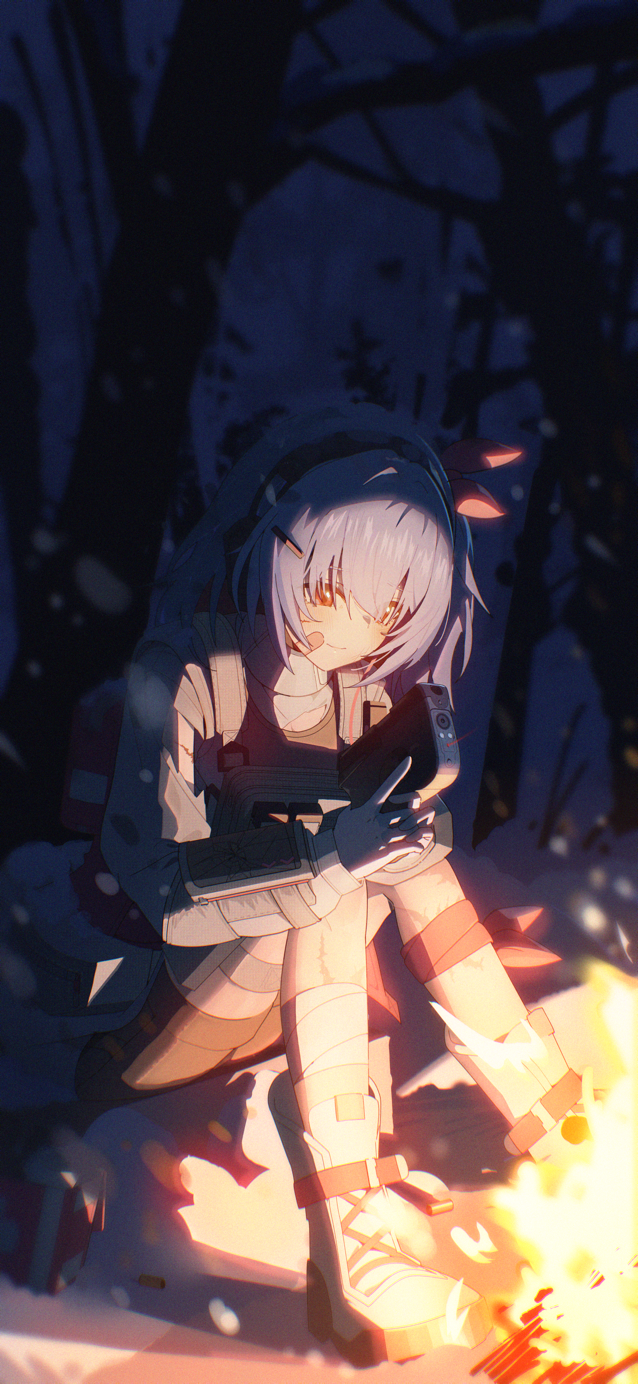1girl absurdres bandaged_leg bandages bandaid bandaid_on_face bare_tree black_shorts blue_hair bonfire boots closed_mouth colphne_(girls'_frontline_2) commentary full_body girls'_frontline girls'_frontline_2:_exilium gun handgun highres holding holding_gun holding_weapon jacket lace-up_boots mixed-language_commentary night patanda red_eyes scar scar_on_leg short_shorts shorts sitting snow snowing solo taurus_curve tree trigger_discipline weapon white_boots white_jacket winter