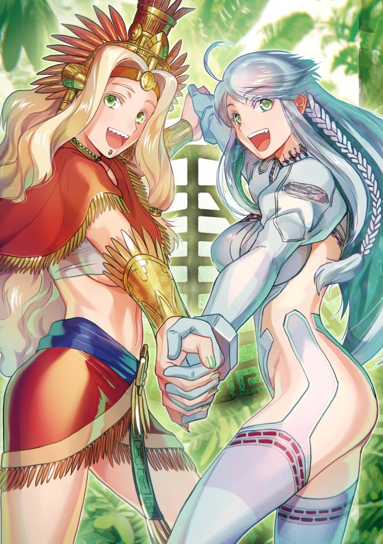 2girls :d ahoge ass blonde_hair breasts chin_piercing colored_inner_hair commentary_request cropped_jacket crystal_hair face_piercing fate/grand_order fate_(series) green_eyes green_hair hair_ornament headband headdress hiroe_rei holding_hands jewelry kukulkan_(fate) kukulkan_(second_ascension)_(fate) labret_piercing large_breasts leotard long_hair long_sleeves looking_at_viewer medium_breasts multicolored_hair multiple_girls navel official_alternate_costume open_mouth piercing puffy_sleeves quetzalcoatl_(fate) sharp_teeth shrug_(clothing) sideless_outfit smile teeth textless_version thighhighs upper_teeth_only very_long_hair white_hair white_leotard