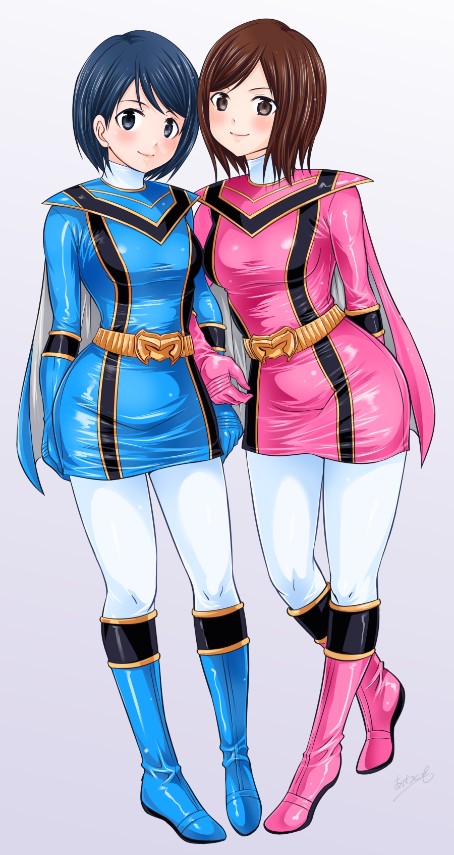 2girls abe_tsukumo animification black_hair blue_eyes brown_eyes brown_hair highres mahou_sentai_magiranger multiple_girls ozu_houka ozu_urara pantyhose siblings sisters super_sentai