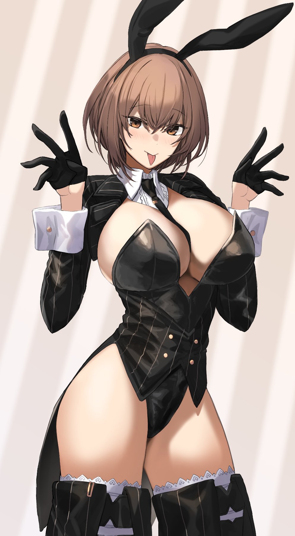 1girl between_breasts black_gloves black_necktie breasts brown_eyes brown_hair cleavage coattails commission cowboy_shot cropped_jacket detached_collar ganesagi gloves half_gloves hands_up highres large_breasts leotard looking_at_viewer necktie necktie_between_breasts original playboy_bunny rabbit_ears short_hair skeb_commission thighhighs tongue tongue_out