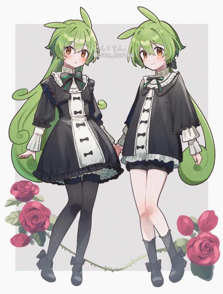 1girl :o black_bow black_bowtie black_dress black_shoes black_shorts black_socks black_thighhighs blush border bow bowtie c: center_frills commentary_request corn_kuten dress dual_persona flower frilled_dress frills gothic_lolita green_bow green_bowtie green_hair grey_background hair_between_eyes lolita_fashion long_hair looking_at_viewer plant ponytail red_flower red_rose rose shoes shorts shorts_under_dress simple_background smile socks striped_bow striped_bowtie striped_clothes thighhighs vines voiceroid voicevox white_background yellow_eyes zundamon
