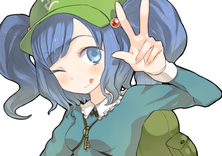 1girl :q backpack bag blue_eyes blue_hair female_focus hair_bobbles hair_ornament hat kawashiro_nitori key matching_hair/eyes randoseru short_hair solo tank_(artist) tongue tongue_out touhou twintails two_side_up