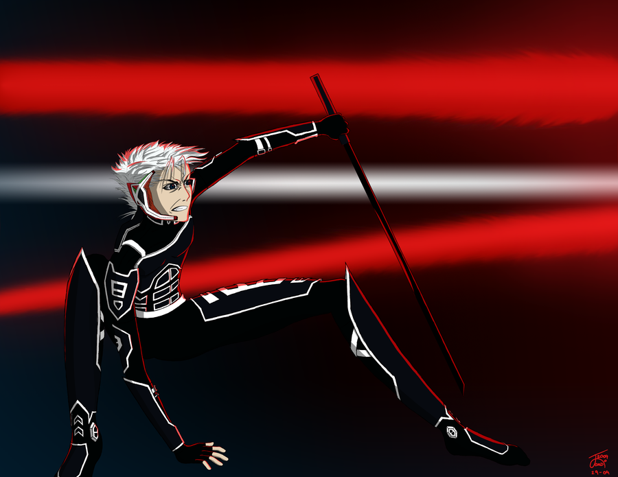 1boy arm_support armor beams black_theme clenched_teeth energy fingerless_gloves gloves headset katana male_focus ninja sega shadow shadowmkii shinobi_(game) shirasaya short_hair solo squatting sword teeth velocity waves weapon white_hair